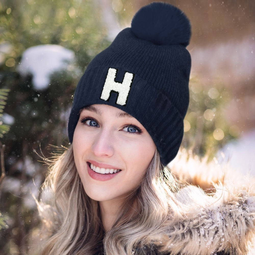 Navy Knit Pom Beanie Hat White Chenille Letter H Winter Cap One Size Unisex