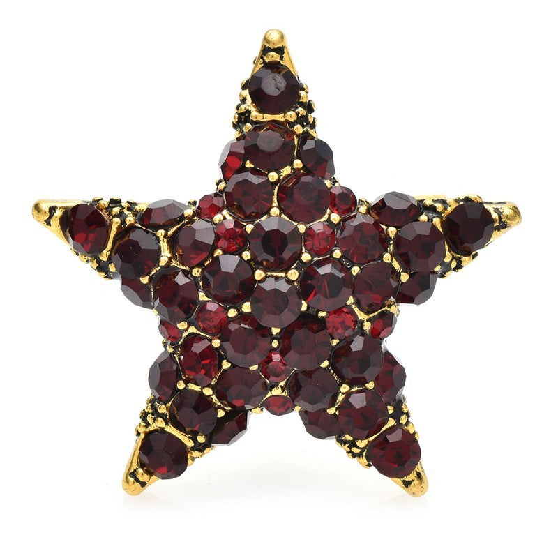 Sparkle Star Brooch Set Red Garnet Gold & Blue Crystal Silver Tone Pin Pair Gift