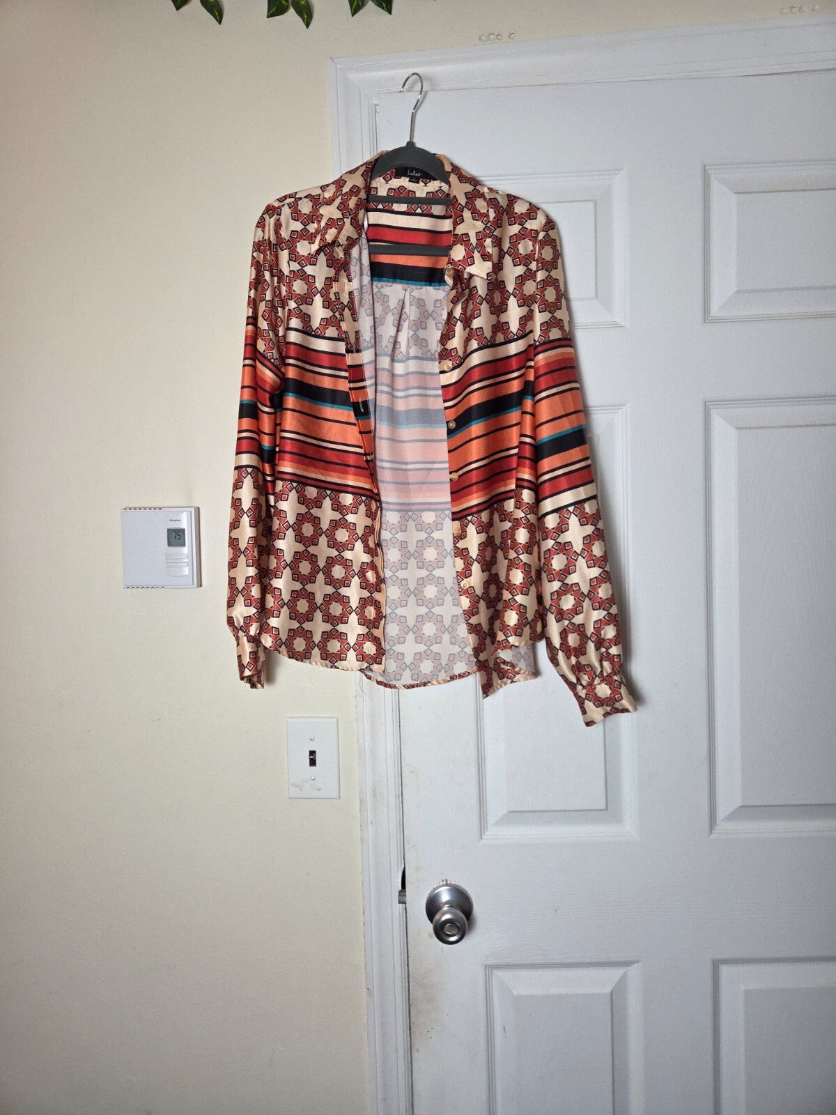 Getting in the Groove Ivory Striped Geo Print Button Up Top Small  for Women 