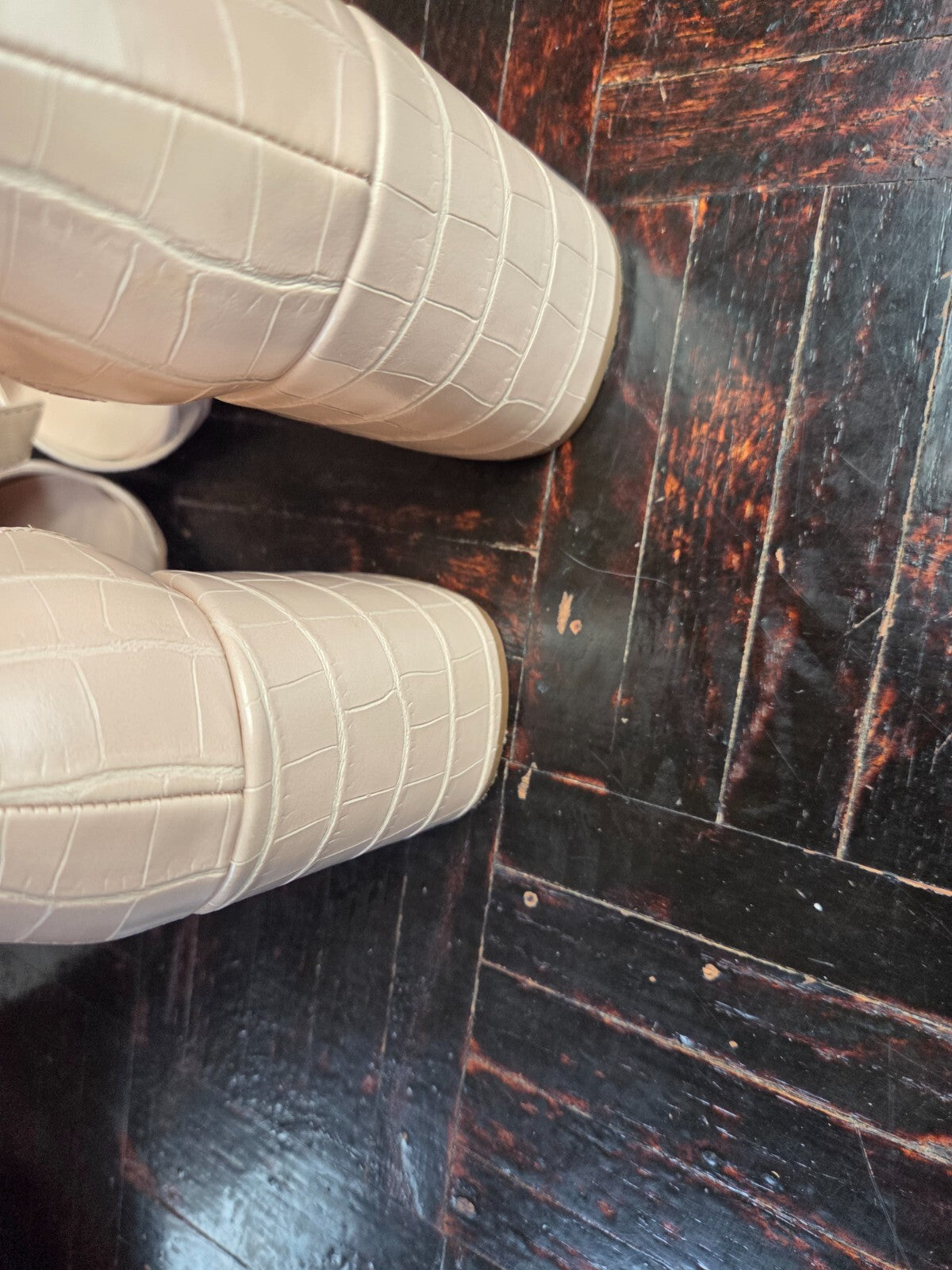 Ellarose Nude Crocodile Ankle Strap Heels for Women Round Toe Platforms  US 6.5