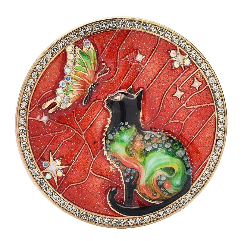 2pcs Cat Butterfly Enamel Brooch Pin Rhinestone Celestial Star Round Badge Set