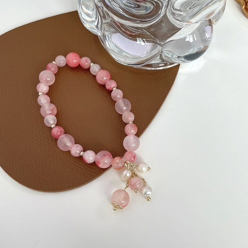 2PCS Handmade Pink Stone Beaded Bracelets with Pearl Charms for Women Gift