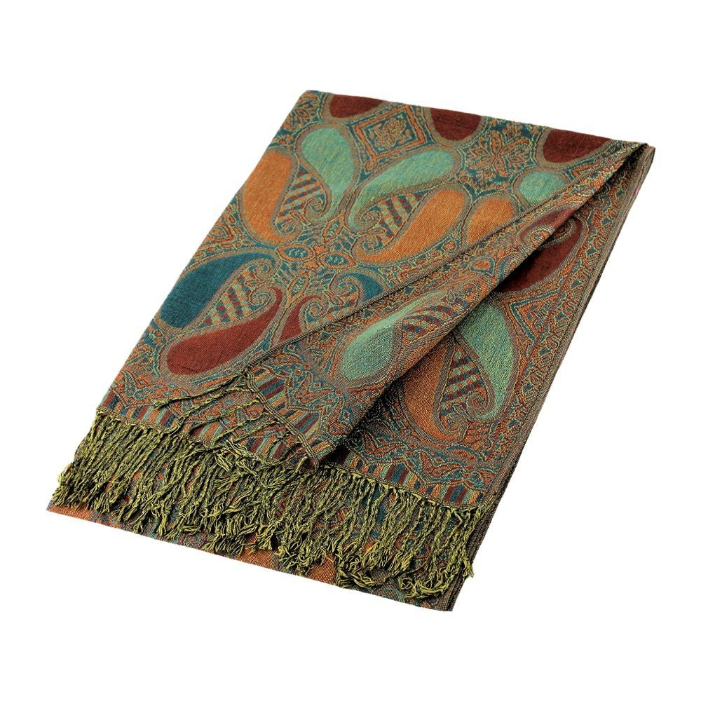 2-Piece Set: Oversized Teal & Brown Paisley Pashmina Scarf Shawl Wrap Gift