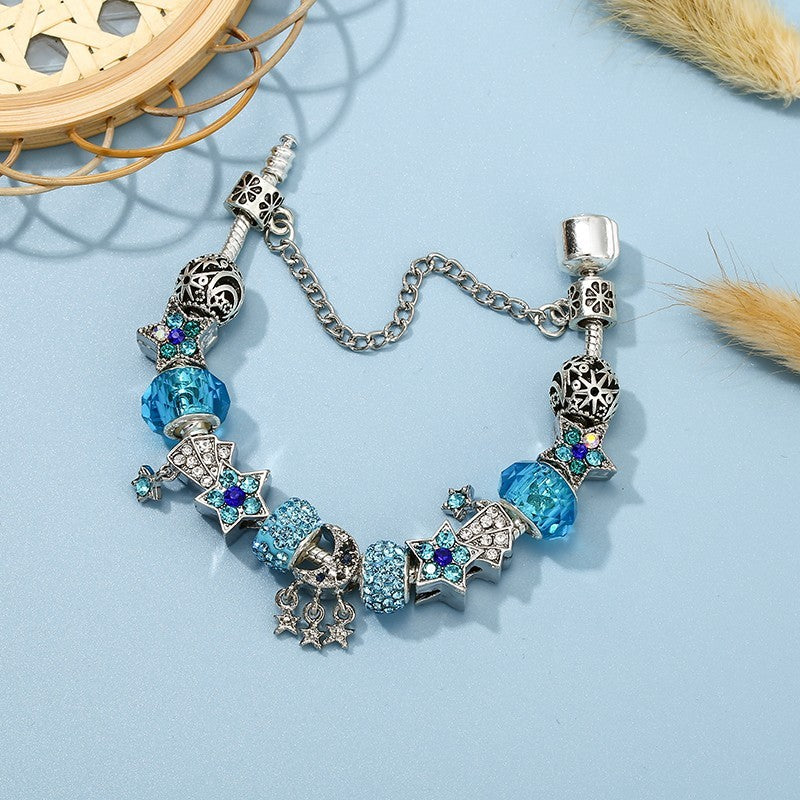 Blue Crystal Star Moon Celestial Charm Bracelet Modular Bead System Jewelry Gift