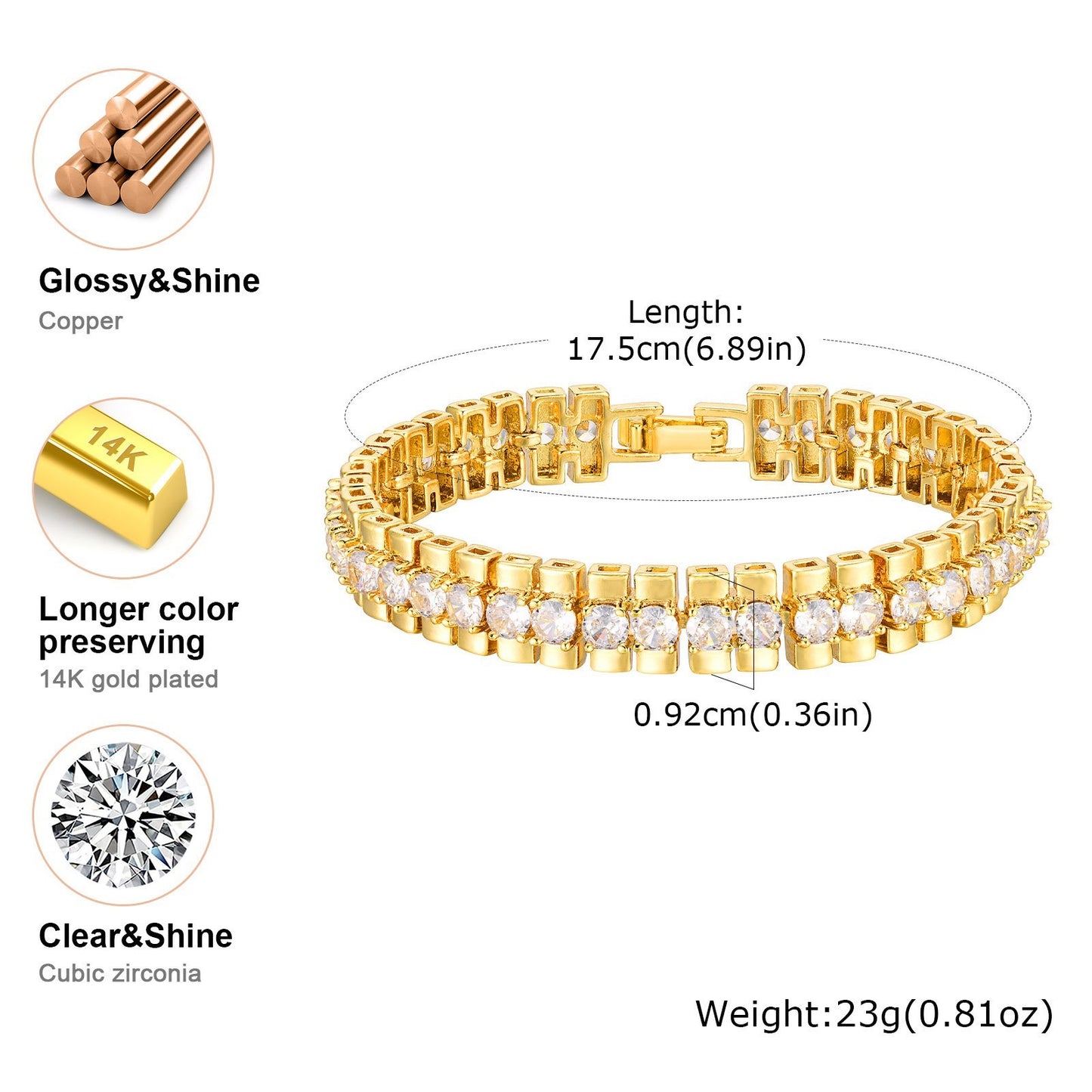 Gold Plated Rhinestone Tennis Bracelet Two Row CZ Crystal Bangle Women’s Fashion