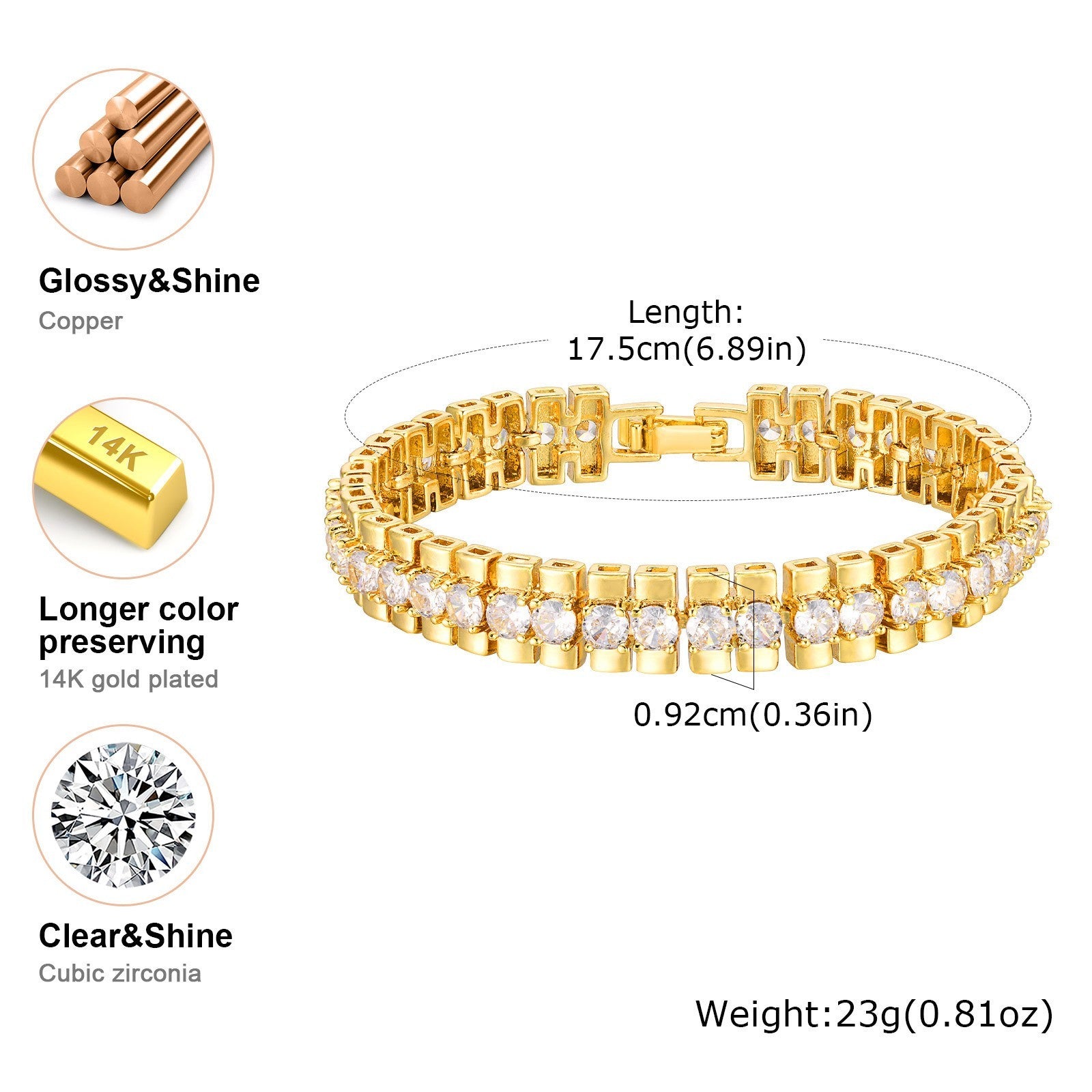 Gold Plated Rhinestone Tennis Bracelet Two Row CZ Crystal Bangle Women’s Fashion