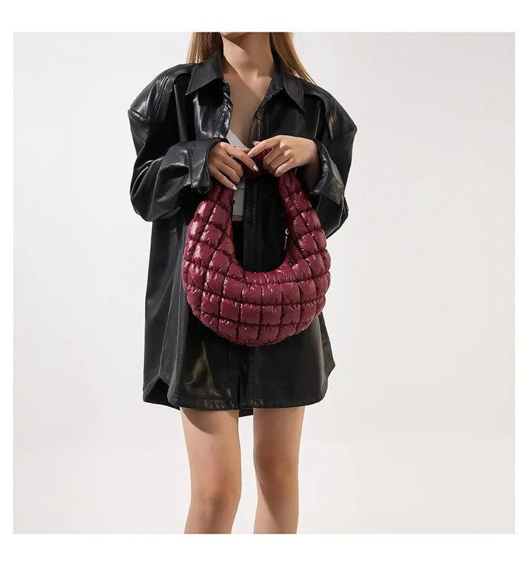 Women's Burgundy Puffer Quilted Crescent Hobo Shoulder Bag Purse