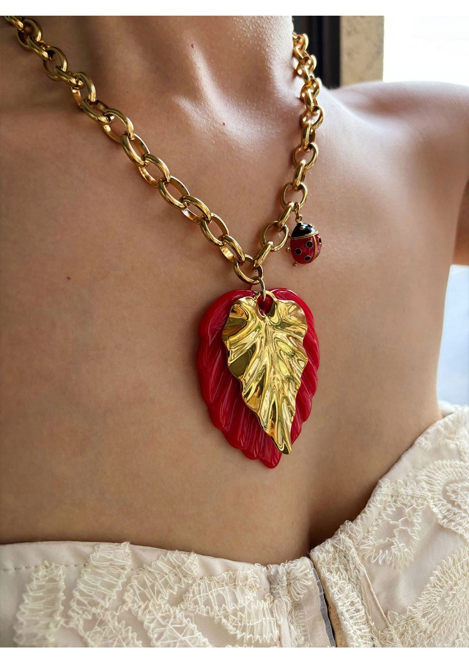 Oversized Red Leaf & Ladybug Charm Gold Chain Necklace for Women