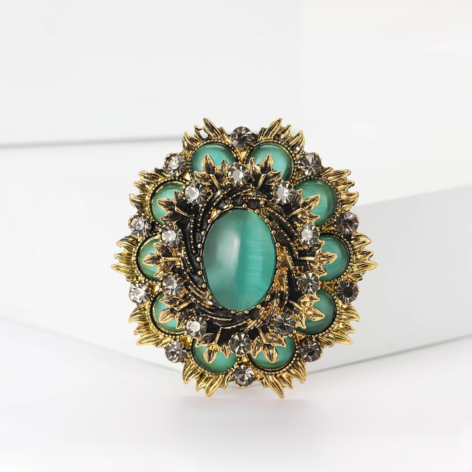 2PC Vintage Cameo Cat's Eye Brooch Lot: Victorian-Style Pin & Opalite Rhinestone