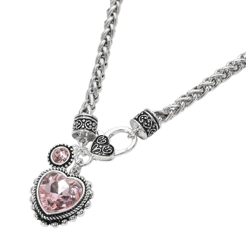 Antique Silver Heart Pendant Necklace with Blue Stone and Braided Chain