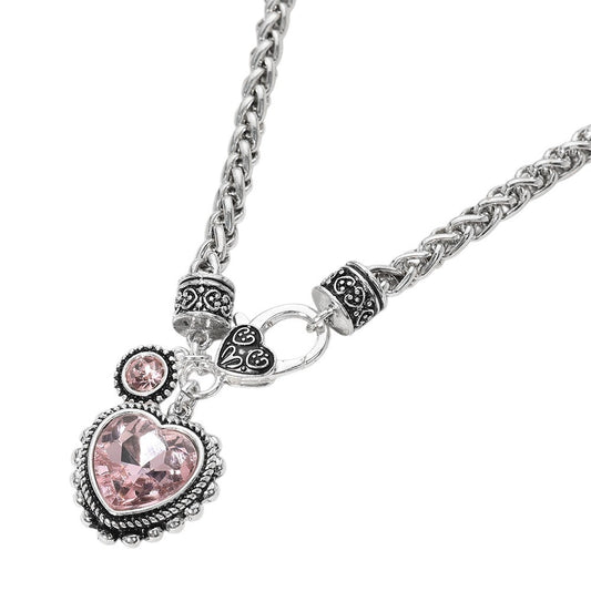 Antique Silver Heart Pendant Necklace with Blue Stone and Braided Chain