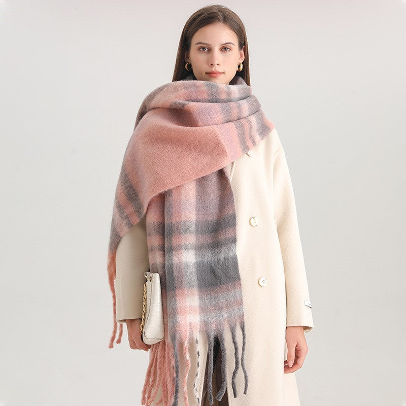 Plaid Checkered Scarf Womens Winter Warm Pink Gray Fringe Wrap