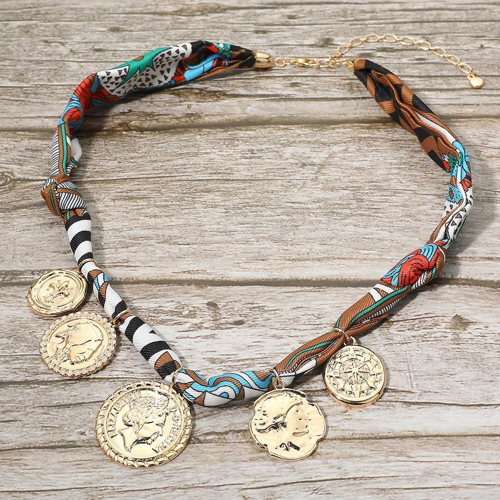 Bohemian Scarf Necklace with Gold Coin Pendants Fashion Jewelry for Women