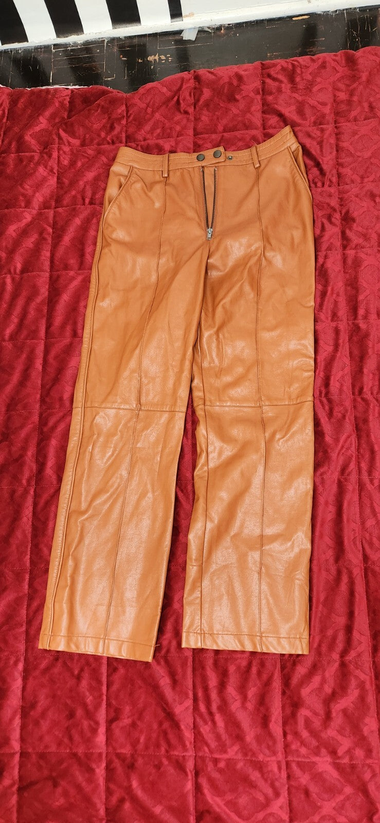 Elevated Option Brown Vegan Leather Straight Leg Pants Zip-Front Medium Lulus