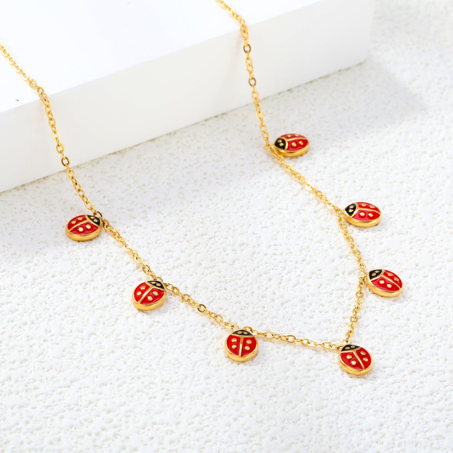 Charming Gold Tone Red Ladybug Dangle Charm Necklace for Women Girls