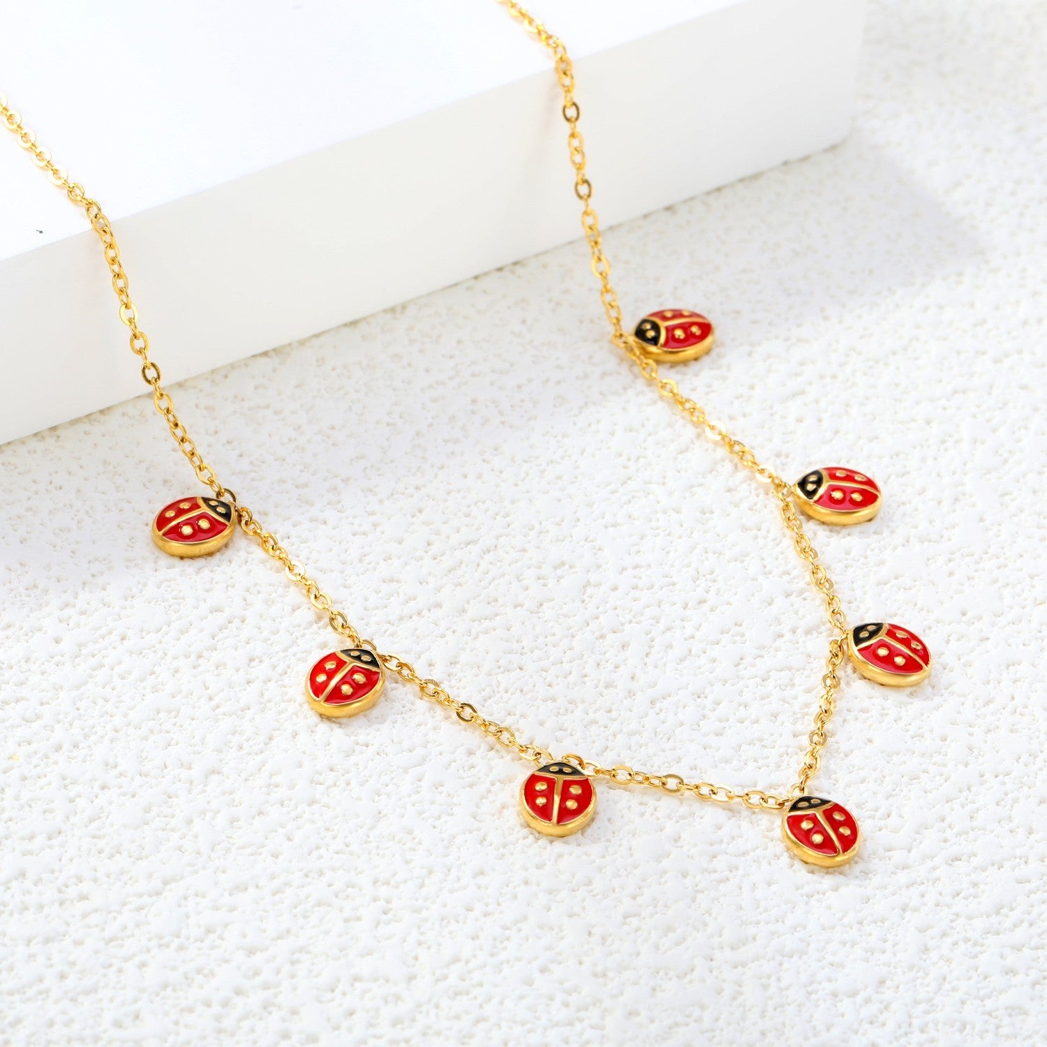 Charming Gold Tone Red Ladybug Dangle Charm Necklace for Women Girls