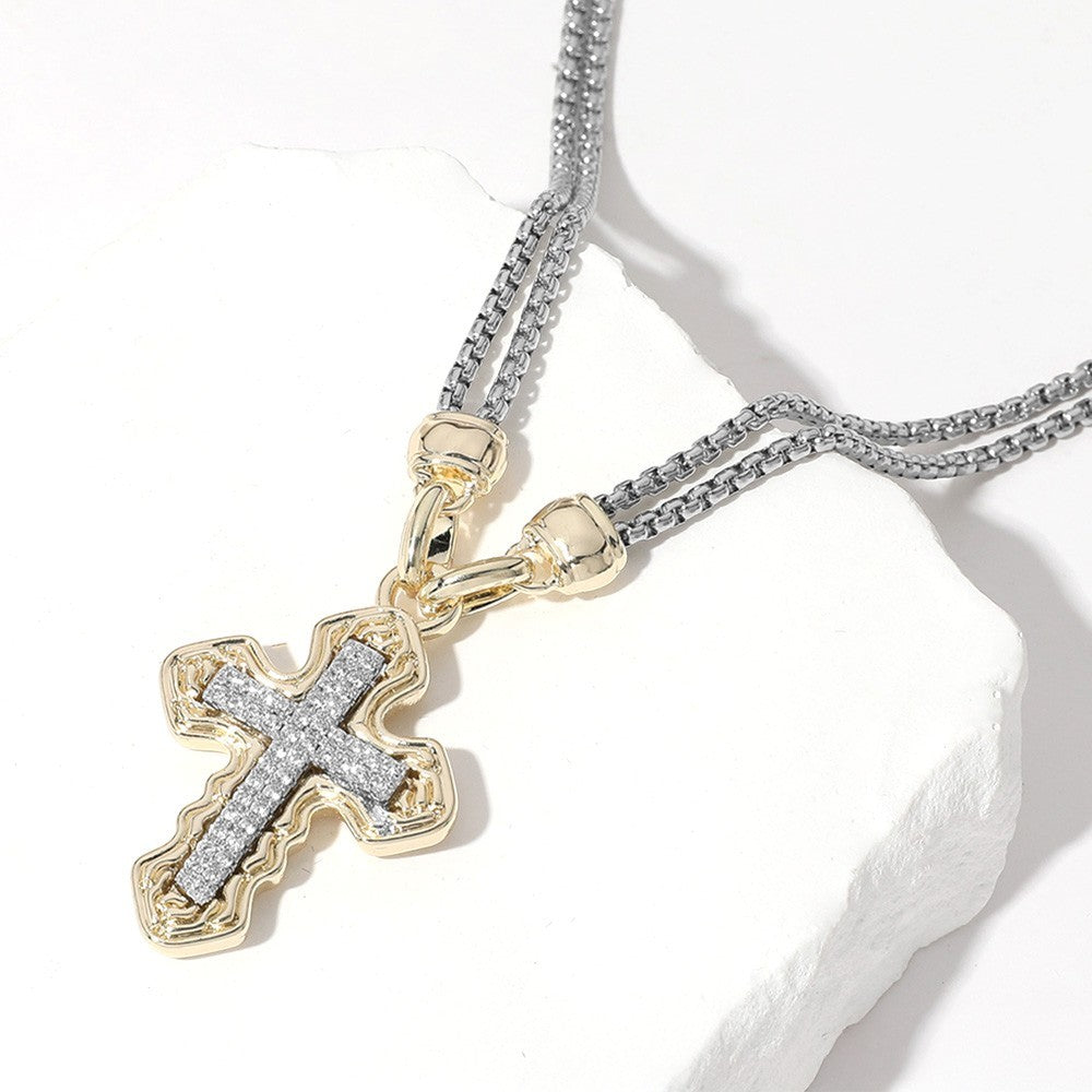 Gold Dipped Cross Pendant Necklace CZ Two-Tone Pavé Religious Jewelry 16"
