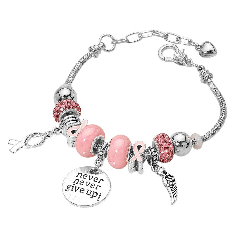 Never Give Up Pink Ribbon Charm Wing Disc Multi Beaded Bracelet for Women