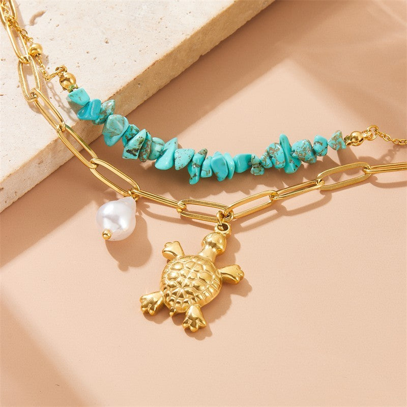 Turquoise Stone & Gold Turtle Charm Bracelet with Pearl Accent - Boho Jewelry