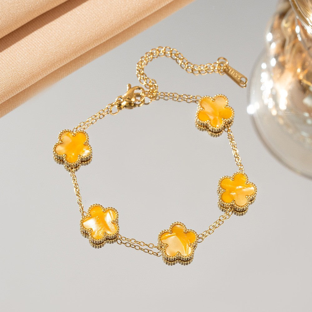 Yellow Clover Flower Double Chain Bracelet 18K Gold Plated 5 Motif 7.5 Inches