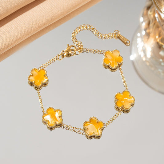 Yellow Clover Flower Double Chain Bracelet 18K Gold Plated 5 Motif 7.5 Inches
