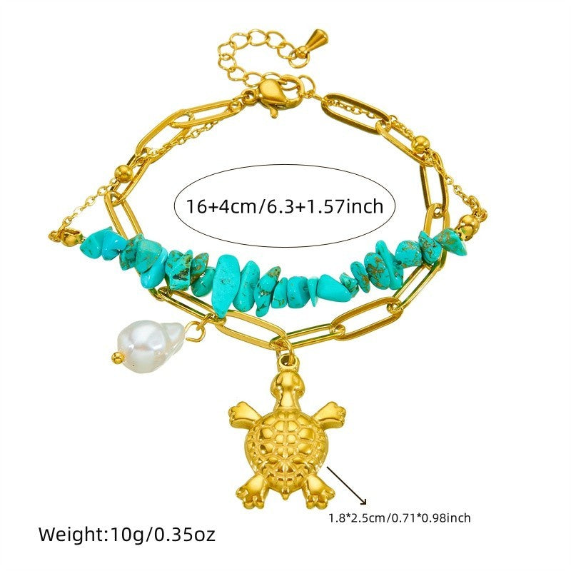 Turquoise Stone & Gold Turtle Charm Bracelet with Pearl Accent - Boho Jewelry