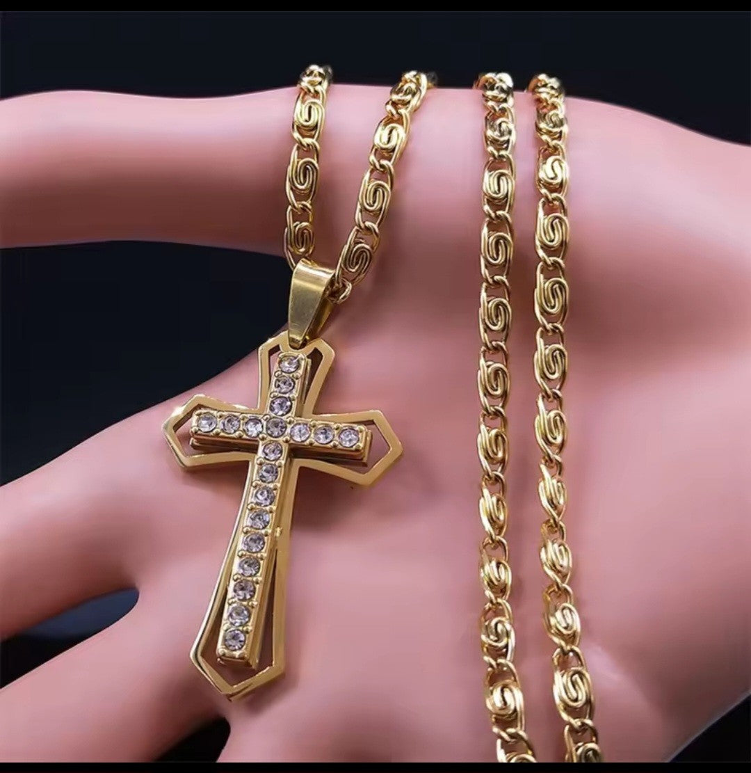 Men's Gold Stainless Steel Cross Necklace Byzantine Chain Rhinestone Pendant