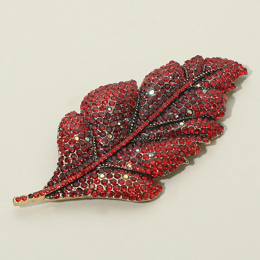 Womens Gold Tone Sparkling Red Rhinestone Paved Leaf Shaped Statement Pin Brooch