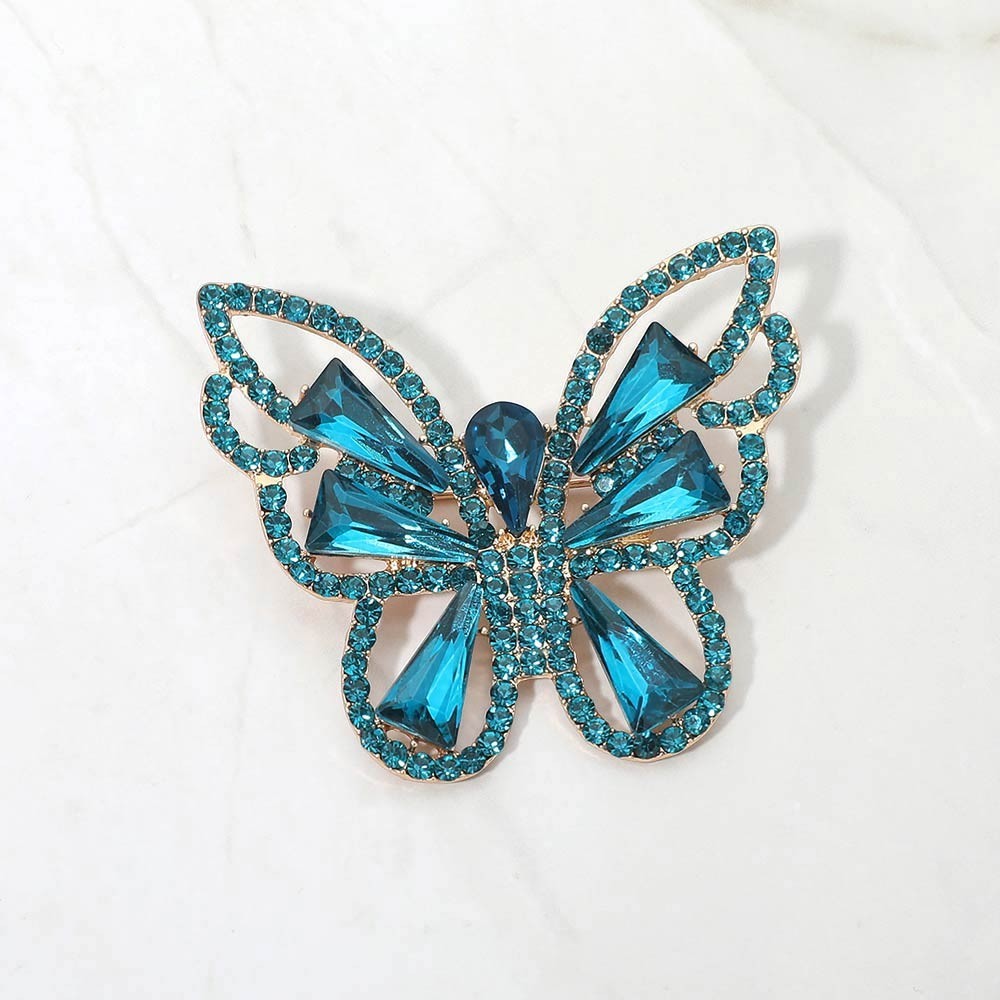 Elegant Gold Tone Blue Zircon Stone Cluster Butterfly Pin Brooch for Womens