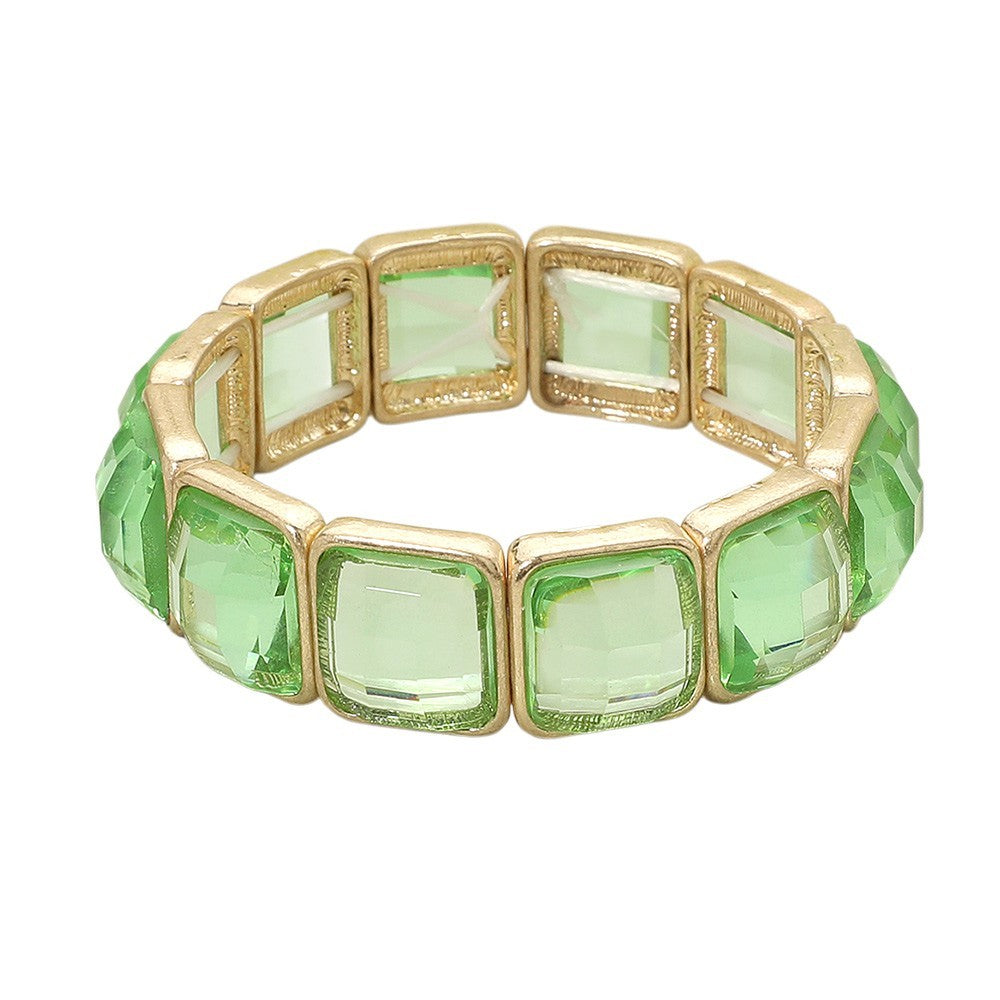 Square Faceted Gemstone Frame Beaded Stretch Bracelet for Women Green & Gold