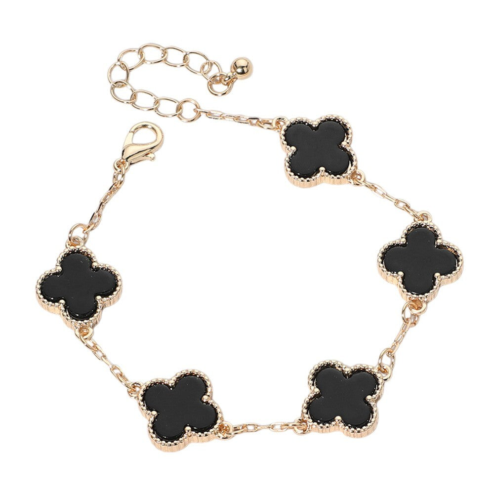 Gold Quatrefoil Link Bracelet Black Enamel Charm Adjustable Chain Jewelry