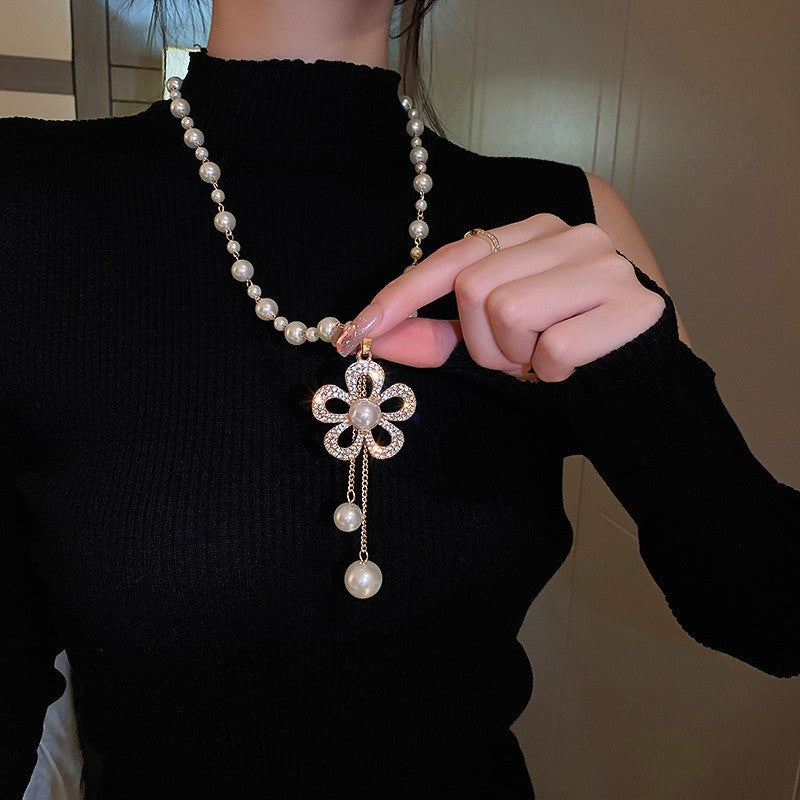 Camellia Flower Pearl Sweater Necklace Long Chain Crystal Pendant Jewelry