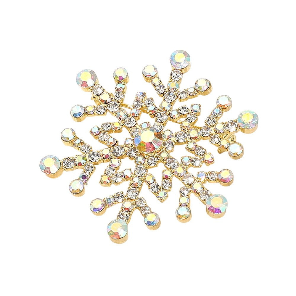 2pcs Sparkling AB Crystal Snowflake Brooches Silver & Gold Winter Jewelry