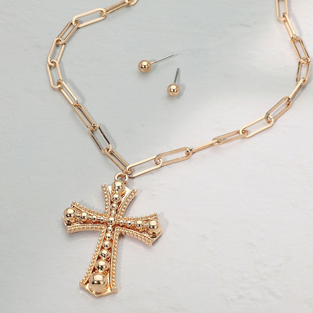 Gold Cross Pendant Necklace Paperclip Chain Link Stud Earrings Jewelry Set