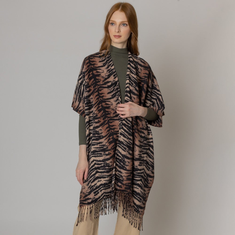 Women's Tiger Print Kimono Cardigan Shawl Poncho with Fringe Boho Animal Print