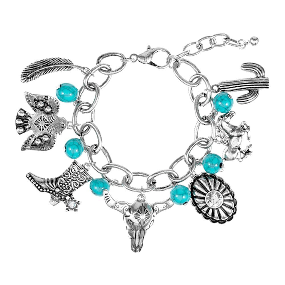 Boho Western Cowboy Boot Steer Head Cactus Concho Feather Charm Station Bracelet