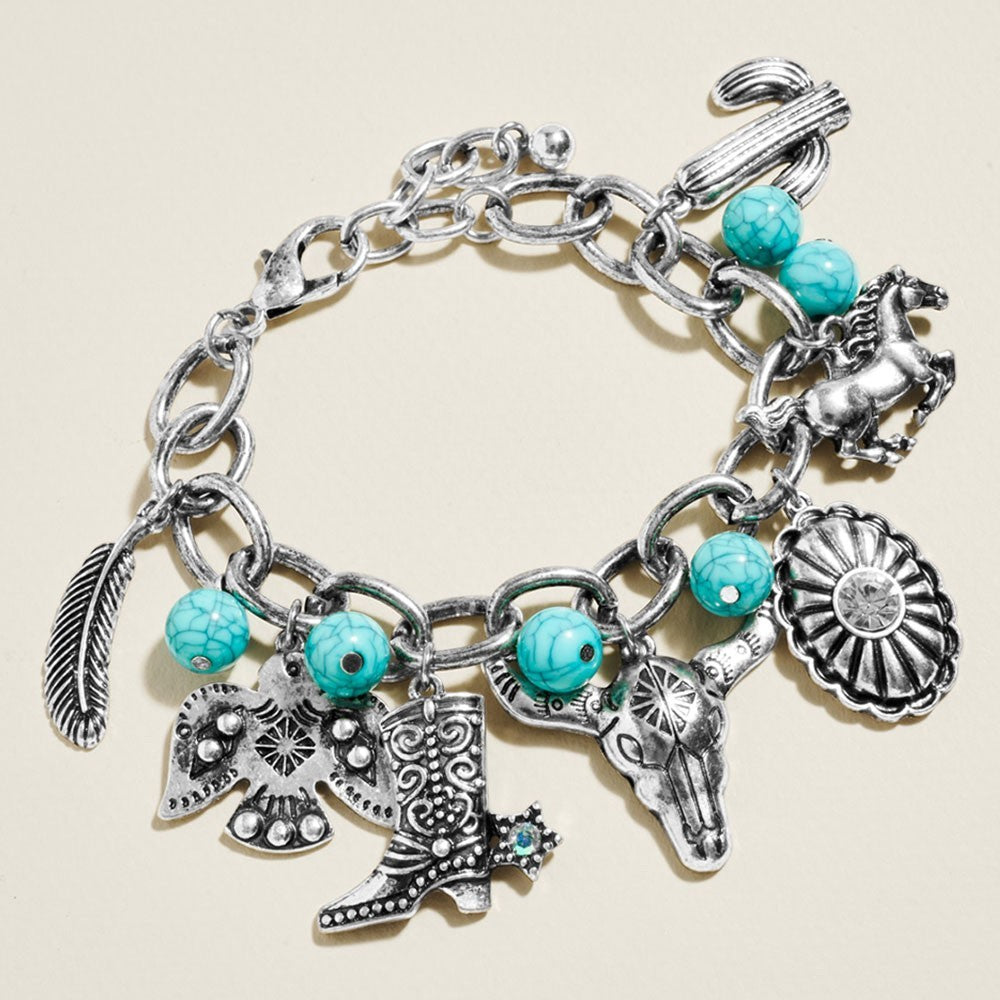 Boho Western Cowboy Boot Steer Head Cactus Concho Feather Charm Station Bracelet