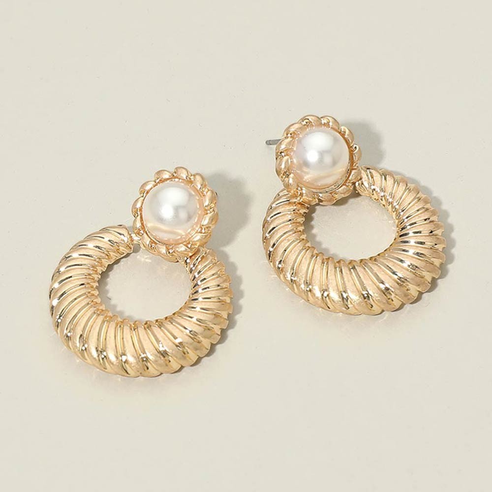 Gold Tone Ribbed Twist Hoop Earrings Faux Pearl Post Back Fashion Jewelry