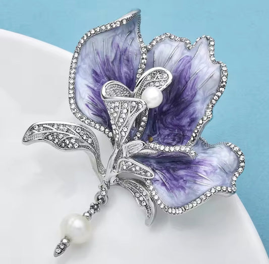 Luxury Purple Enamel Iris Brooch - Crystal Rhinestone & Pearl Floral Garden Pin