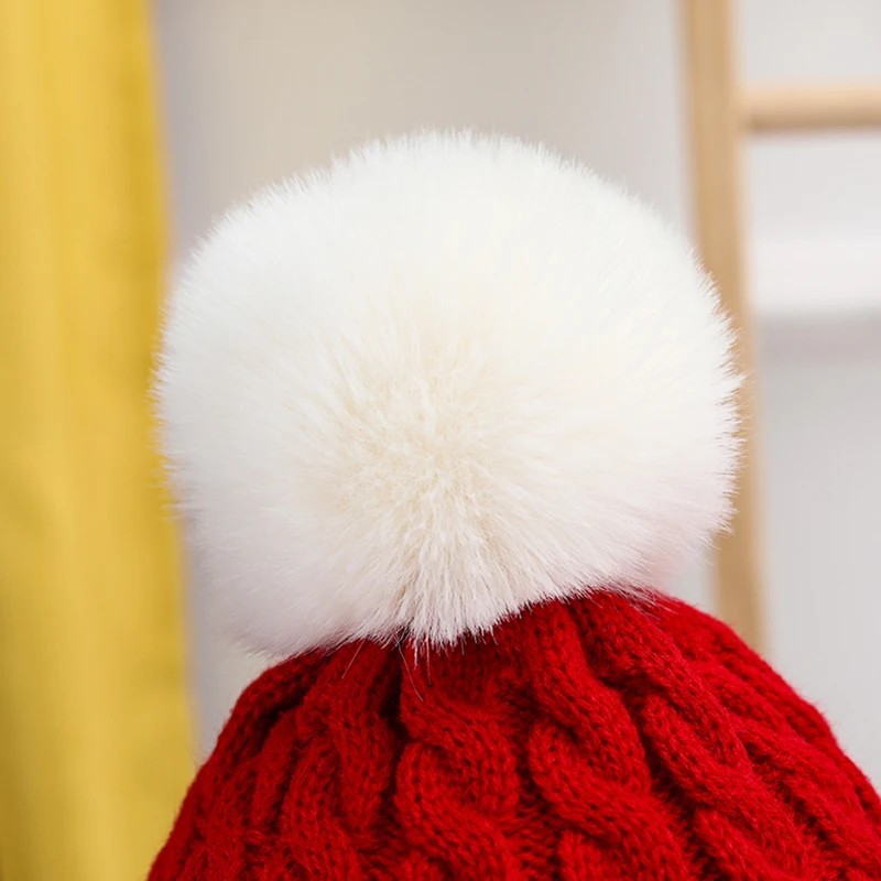 Red White Cotton Cable Knit Beanie Hat Cuffed Winter Faux Fur Pom Pom Cap