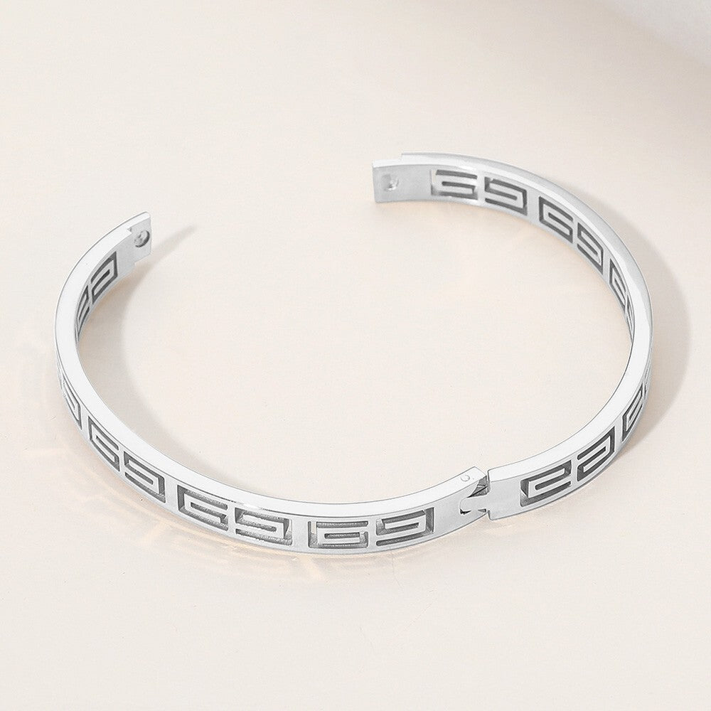 Silver Stainless Steel Geometric Cutout Hinged Bangle Bracelet for Women
