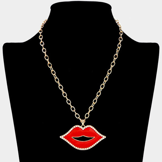 Rhinestone Pave Enamel Lip Pendant Necklace Fashion Jewelry Statement Gift Women