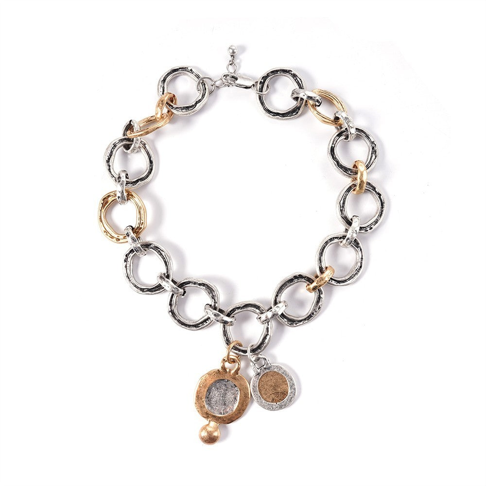 Two Tone Chunky Link Roman Coin Pendant Necklace Zircon Copper Mixed Metal