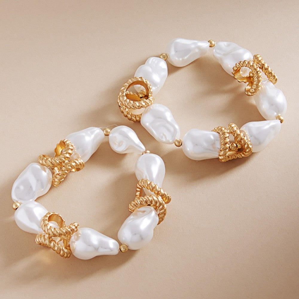 2pc Elegant Baroque Faux Pearl Stretch Bracelet Set Gold Tone Statement Accents