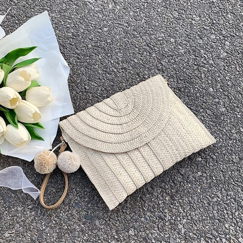 Handmade Woven Straw Envelope Crossbody Bag | Summer Clutch with Hair Ball Charm