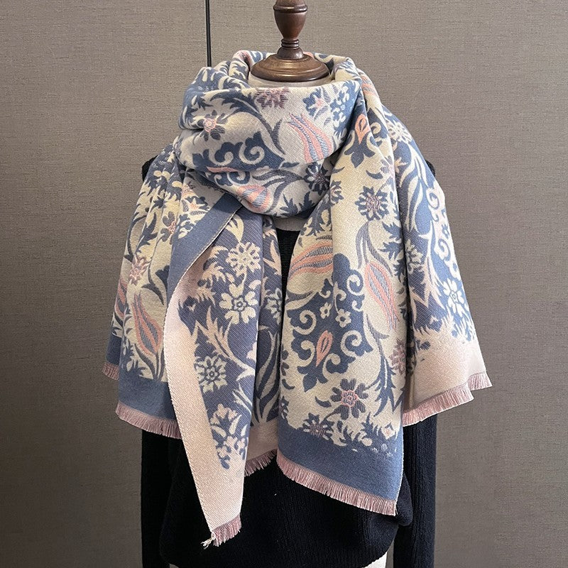 Floral Turkish Tulip Pashmina Scarf Blue Pink Cream Wrap Cashmere Feel