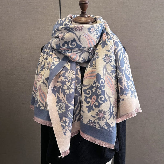 Floral Turkish Tulip Pashmina Scarf Blue Pink Cream Wrap Cashmere Feel