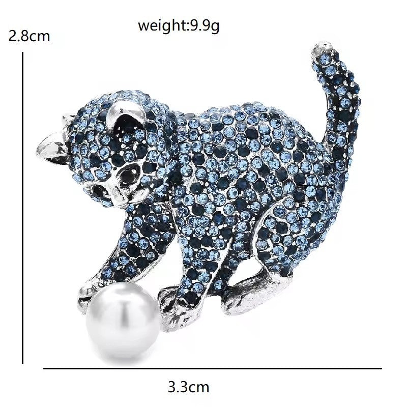 2pcs Sparkly Crystal Kitten with Pearl Ball Two Piece Set - Blue & Gold