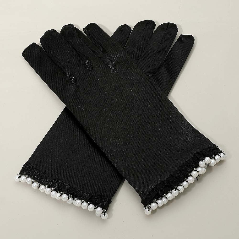 Women's Evening Wear Elegant Dressy Satin Style Gloves Black Pearl Trim Cuffs