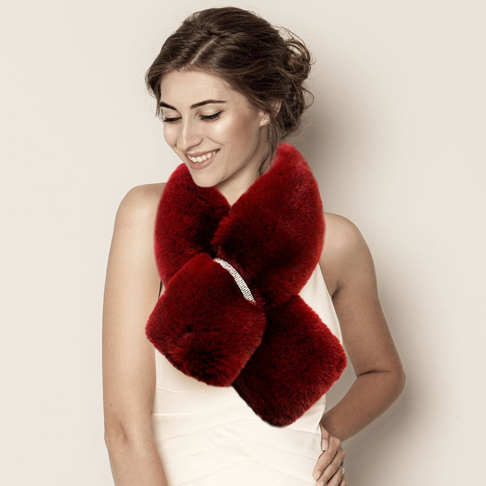 Women's Faux Fur Bling Pull-Through Winter Collar Scarf Neck Warmer Burgundy